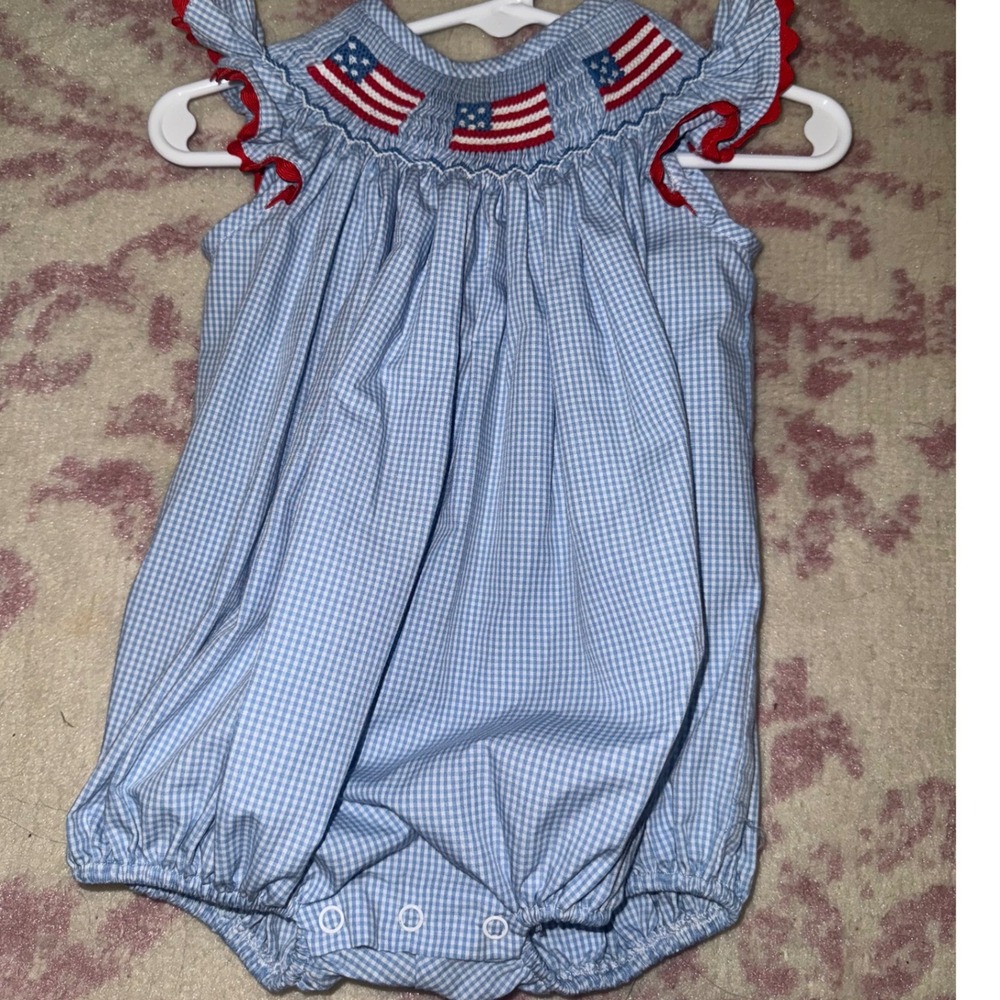 Stitchy Fish 9M Baby Girl American Flag Gingham Smocked Bubble Romper